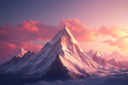 General view of mountain peak and pink clouds, created using generative ai technology. Landscape, scenery and beauty in nature concept digitally generated image.の素材