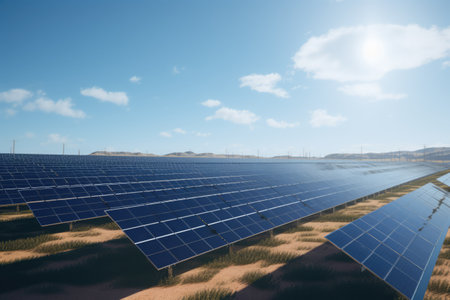 Solar panels on field and blue sky with clouds, created using generative ai technology. Energy, ecology, environment and nature concept digitally generated image.の素材