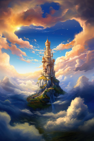 Tower over blue sky with clouds, created using generative ai technology. Fantasy, fairy tale and landscape concept digitally generated image.の素材