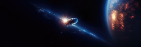 Comet in space with glowing light and stars over earth, created using generative ai technology. Outer space, galaxy, comet and nature concept digitally generated image.の素材