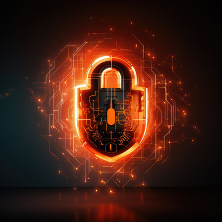 Glowing padlock with circuit board on black background, created using generative ai technology. Online internet cyber security, computing and data processing concept digitally generated image.の素材