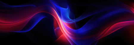 Multi coloured neon waves on black background, created using generative ai technology. Shape, pattern, abstract and colour concept digitally generated image.の素材