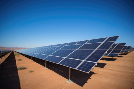 Solar panels on field and blue sky, created using generative ai technology. Energy, ecology, environment and nature concept digitally generated image.の素材