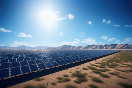 Solar panels on field and blue sky with clouds, created using generative ai technology. Energy, ecology, environment and nature concept digitally generated image.の素材