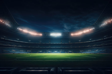 Lit empty football stadium at night, created using generative ai technology. Sports, competition and architecture concept digitally generated image.の素材