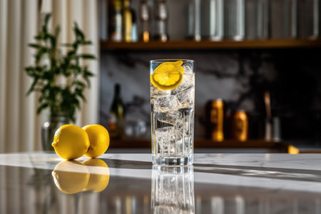 Glass of cold lemonade with lemon slice in kitchen, created using generative ai technology. Lemonade, drink and summer concept digitally generated image.の素材