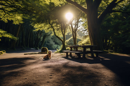 Landscape of national park with bench and trees, created using generative ai technology. National park, scenery and beauty in nature concept digitally generated image.の素材