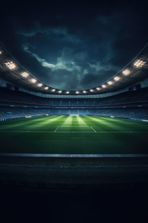 Lit empty football stadium at night, created using generative ai technology. Sports, competition and architecture concept digitally generated image.の素材
