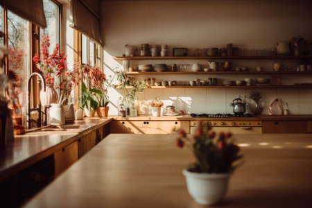 Kitchen interior with plants, decorations and equipment created using generative ai technology. Boho, furniture, style, design and interior decoration concept digitally generated image.の素材