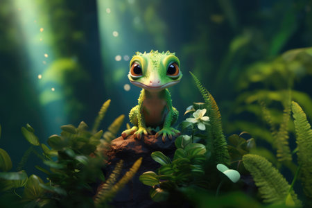 Close up of cute gecko on branch in nature, created using generative ai technology. Wildlife and beauty and nature concept digitally generated image.の素材