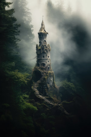 Tower in forest with mist, created using generative ai technology. Fantasy, fairy tale and nature concept digitally generated image.の素材