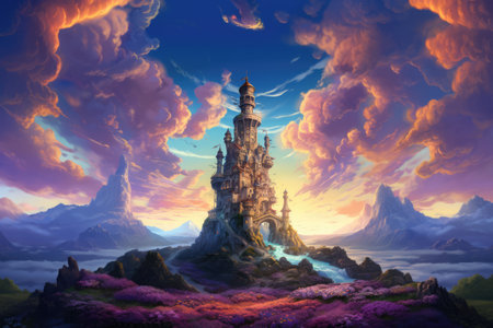Tower with meadow and mountains over blue sky with clouds, created using generative ai technology. Fantasy, fairy tale and landscape concept digitally generated image.の素材