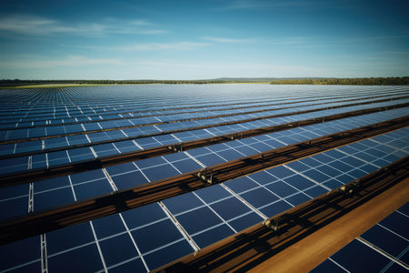 Solar panels on field and blue sky with clouds, created using generative ai technology. Energy, ecology, environment and nature concept digitally generated image.の素材