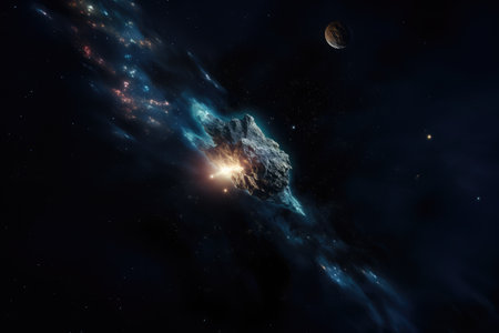 Comet in space with glowing light and stars, created using generative ai technology. Outer space, galaxy, comet and nature concept digitally generated image.の素材