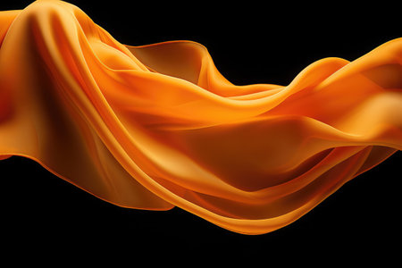 Close up of orange silk material on black background, created using generative ai technology. Fabric, texture and colour concept digitally generated image.の素材