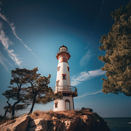 Lighthouse on rock and calm seas, created using generative ai technology. Building, sea, sailing and nature concept digitally generated image.の素材