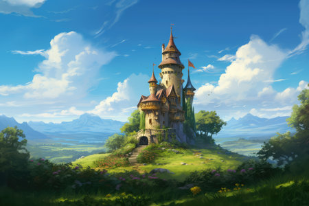 Tower in mountains over blue sky with clouds, created using generative ai technology. Fantasy, fairy tale and landscape concept digitally generated image.の素材