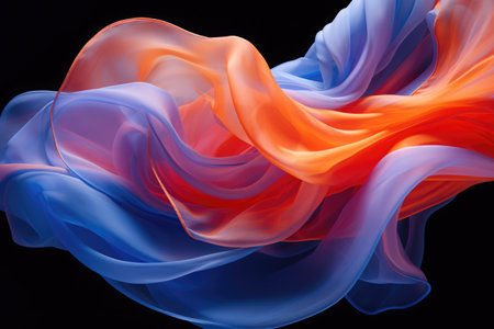 Blue and orange silk material on black background, created using generative ai technology. Fabric, texture and colour concept digitally generated image.の素材