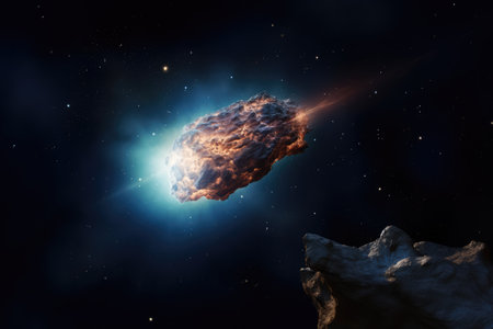 Comet in space with glowing light and stars, created using generative ai technology. Outer space, galaxy, comet and nature concept digitally generated image.の素材