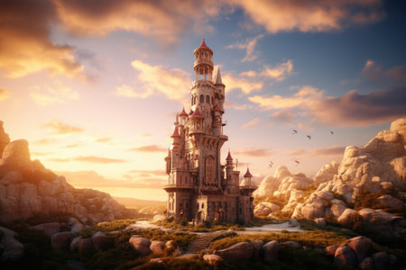 Tower and rocks over blue sky with clouds, created using generative ai technology. Fantasy, fairy tale and landscape concept digitally generated image.の素材