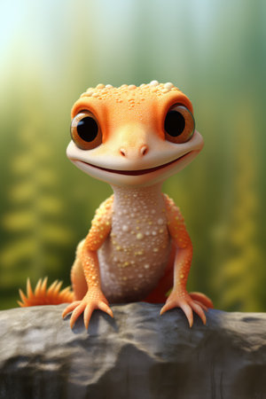 Close up of cute gecko on branch in nature, created using generative ai technology. Wildlife and beauty and nature concept digitally generated image.の素材