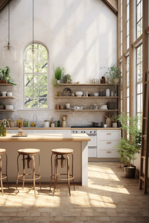 Kitchen interior with plants, decorations and equipment created using generative ai technology. Boho, furniture, style, design and interior decoration concept digitally generated image.の素材