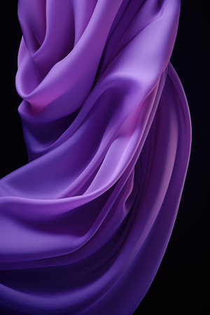 Close up of purple silk material on black background, created using generative ai technology. Fabric, texture and colour concept digitally generated image.の素材