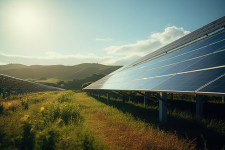 Solar panels on field and blue sky with clouds, created using generative ai technology. Energy, ecology, environment and nature concept digitally generated image.の素材