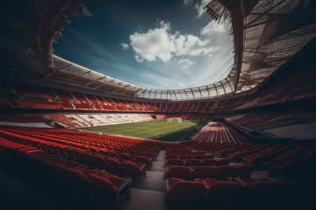 Empty football stadium on sunny day, created using generative ai technology. Sports, competition and architecture concept digitally generated image.の素材