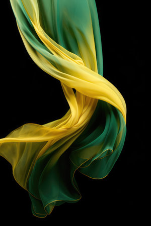 Yellow and green silk material on black background, created using generative ai technology. Fabric, texture and colour concept digitally generated image.の素材