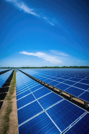 Solar panels on field and blue sky with clouds, created using generative ai technology. Energy, ecology, environment and nature concept digitally generated image.の素材