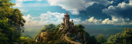 Tower and forest over blue sky with clouds, created using generative ai technology. Fantasy, fairy tale and landscape concept digitally generated image.の素材