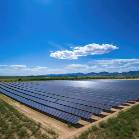 Solar panels on field and blue sky with clouds, created using generative ai technology. Energy, ecology, environment and nature concept digitally generated image.の素材