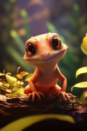 Close up of cute gecko on branch in nature, created using generative ai technology. Wildlife and beauty and nature concept digitally generated image.の素材
