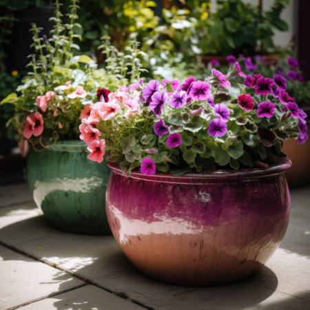 Colourful petunias in ceramic planters in sunny garden, created using generative ai technology. Flowers, plants, growth, spring, nature and gardening concept digitally generated image.の素材