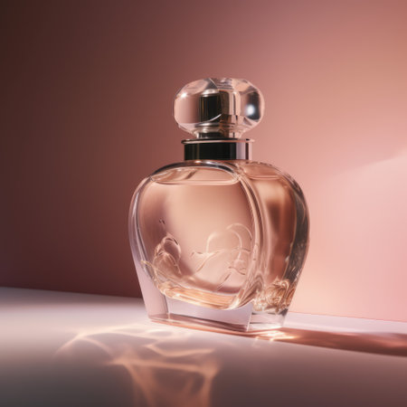 Curved glass perfume bottle in daylight against pink walls, created using generative ai technology. Scent, fragrances and luxury goods concept digitally generated image.の素材
