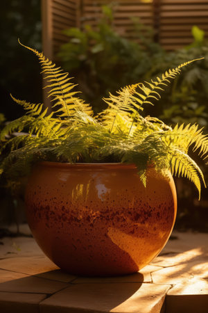 Green plants in ceramic planter in sunny garden, created using generative ai technology. Flowers, plants, growth, spring, nature and gardening concept digitally generated image.の素材