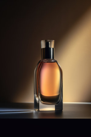 Curved glass perfume bottle in sunlight on dark background, created using generative ai technology. Scent, fragrances and luxury goods concept digitally generated image.の素材