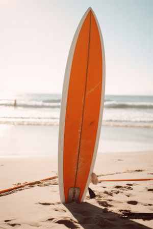 Orange and white surfboard standing on beach at sunset, created using generative ai technology. Surfing, sports, hobbies and vacation concept digitally generated image.の素材