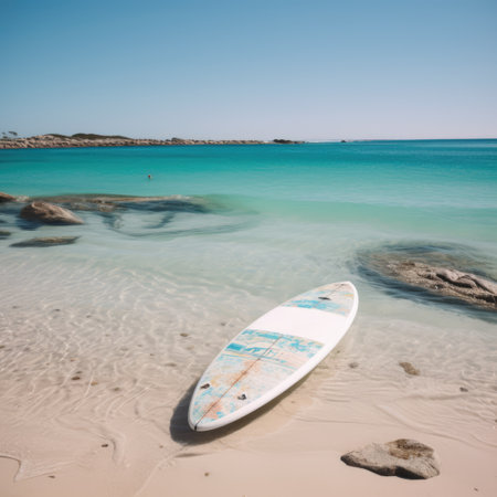 Worn surfboard lying on sunny beach, created using generative ai technology. Surfing, sports, hobbies and vacation concept digitally generated image.の素材