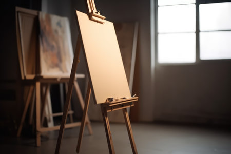 Blank canvas on wooden easel by window in painter's studio, created using generative ai technology. Art, possibility, inspiration and creativity concept digitally generated image.の素材