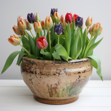 Red, black and yellow tulips growing in large earthenware planter. Flowers, growth, spring, nature garden and gardening conceptの素材