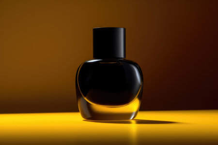 Curved glass perfume bottle in dark yellow light, created using generative ai technology. Scent, fragrances and luxury goods concept digitally generated image.の素材
