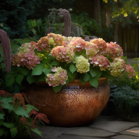 Colourful hydrangeas in ceramic planter in sunny garden, created using generative ai technology. Flowers, plants, growth, spring, nature and gardening concept digitally generated image.の素材