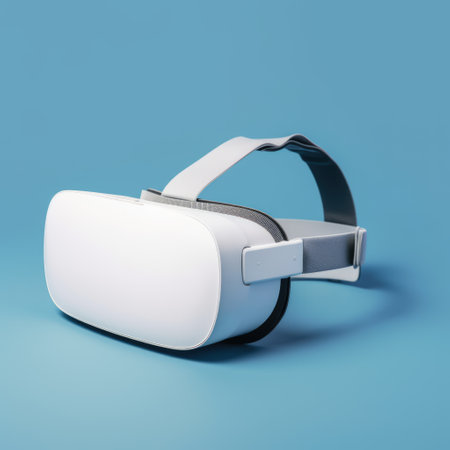 White vr headset on blue background with copy space, created using generative ai technology. Virtual reality and digital interface technology concept digitally generated image.の素材