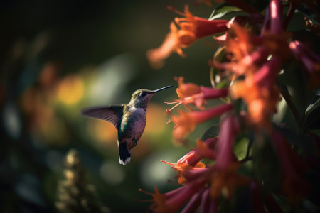 Hummingbird hovering by orange flower in nature, created using generative ai technology. Beauty in nature, wildlife, agility and feeding concept digitally generated image.の素材