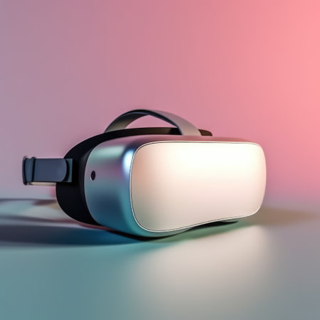 Grey vr headset on blue and pink background with copy space, created using generative ai technology. Virtual reality and digital interface technology concept digitally generated image.の素材