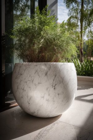 Green plants in ceramic planter in sunny garden, created using generative ai technology. Flowers, plants, growth, spring, nature and gardening concept digitally generated image.の素材