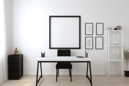 Empty black frame with copy space in office on white wall, created using generative ai technology. Office, workplace and interior design concept digitally generated image.の素材