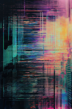 Glowing colourful interference lines and grids on black, created using generative ai technology. Visual distortion and data technology abstract background concept digitally generated image.の素材